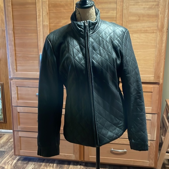 Coldwater Creek Black Quilted Leather Coat Size Medium - Picture 6 of 9